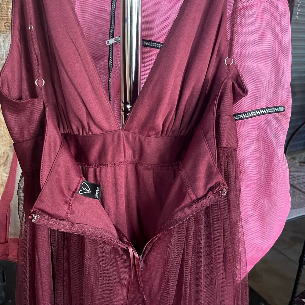 Windsor long maroon dress w slit and mesh, "special occasion" maxi dress